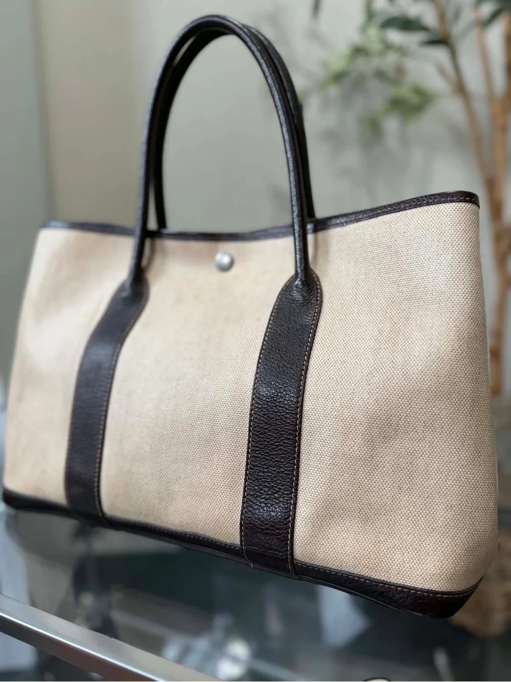 Hermes Beige Canvas Tote with Dark Brown Leather Trim